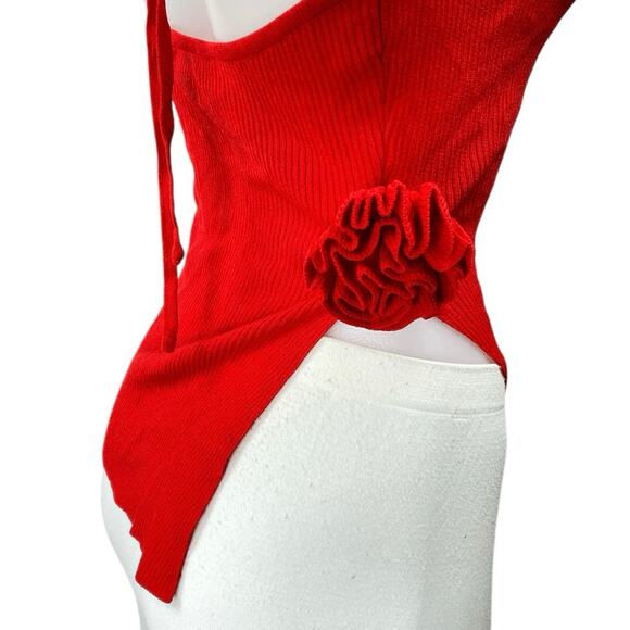 NIA Marais Red Ribbed Knit One Shoulder 3D Floral Sleeveless Cami Blouse Top M - Picture 4 of 6
